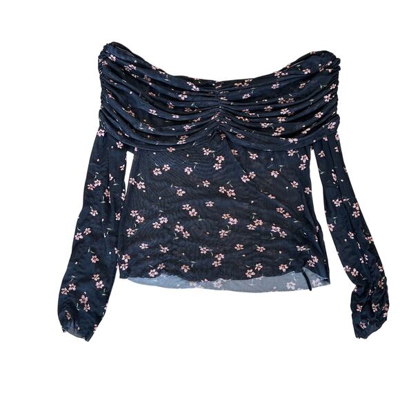 AFRM Black Floral Off the Shoulder Mesh Top MEDIUM Ruched Sheer Bodycon Pink $68 - Picture 7 of 12